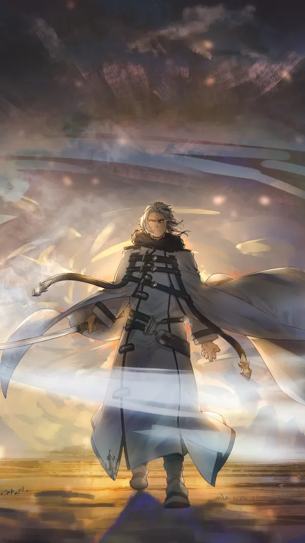 Man with white hair and red eyes is standing in a desert