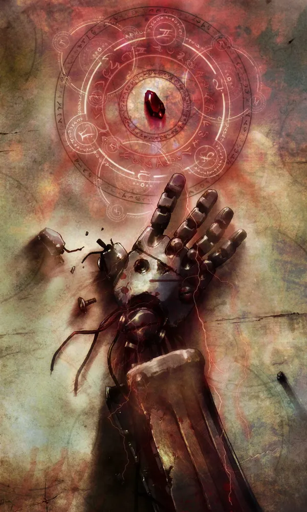 Metal arm reaching for a red Philosopher's Stone