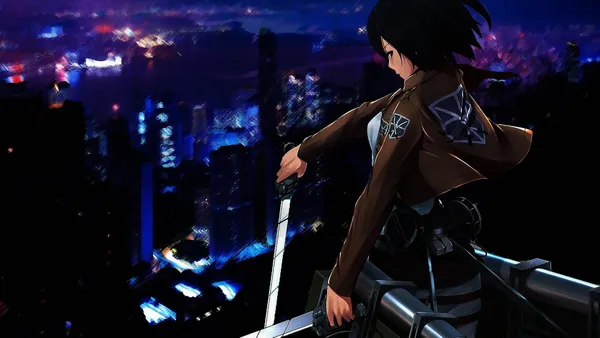 Mikasa Ackerman looking over a city at night