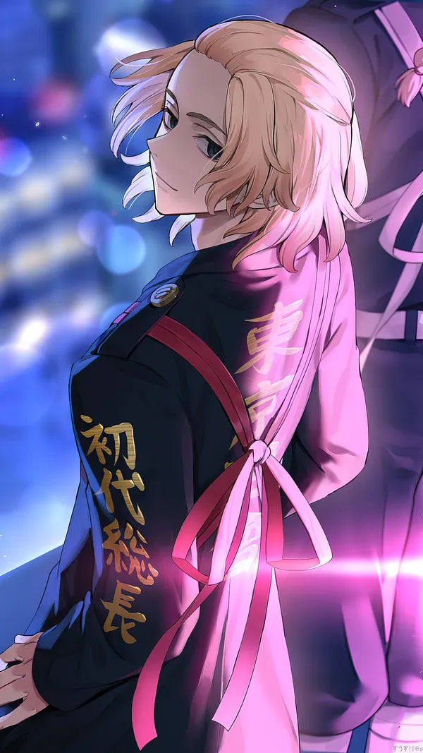 Mikey from Tokyo Revengers wearing a black jacket with a pink obi