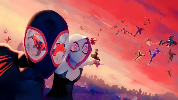 Miles Morales and Gwen Stacy swinging through a red sky with other Spider-People