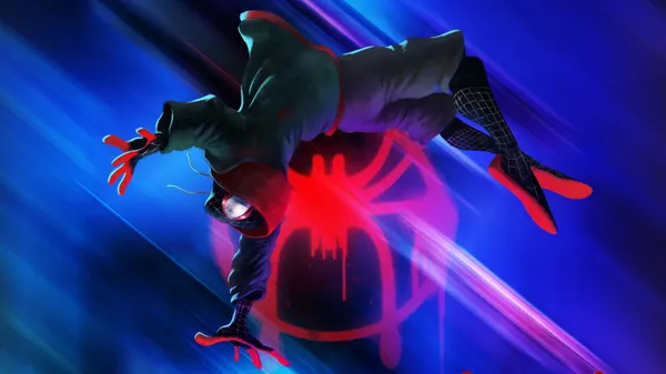 Miles Morales as Spider-Man falling through a glowing red spider symbol