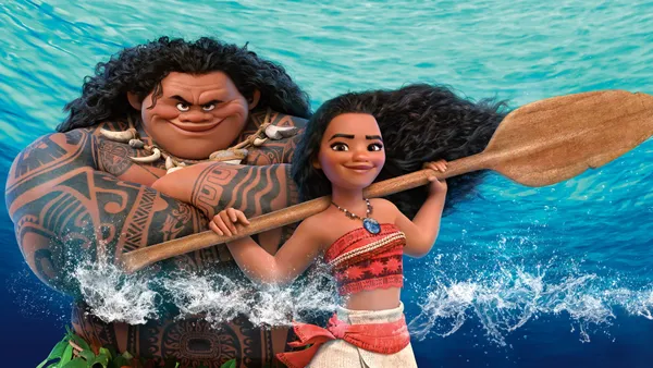 Moana and Maui standing in the ocean holding an oar