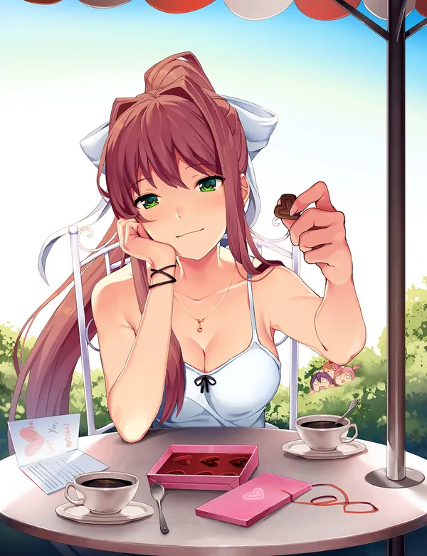 Monika from Doki Doki Literature Club having tea outside