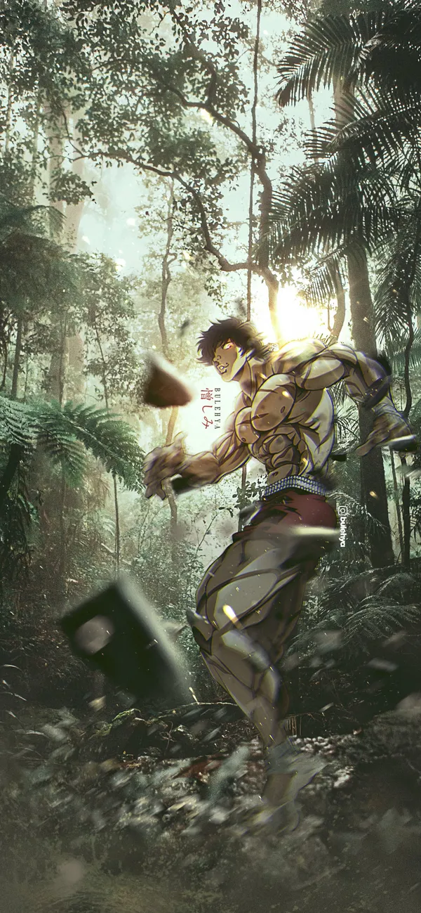 Muscular man with brown hair and red eyes runs through a jungle