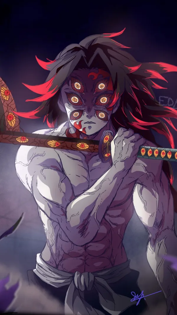 Muscular man with red and black hair and six eyes is holding a sword