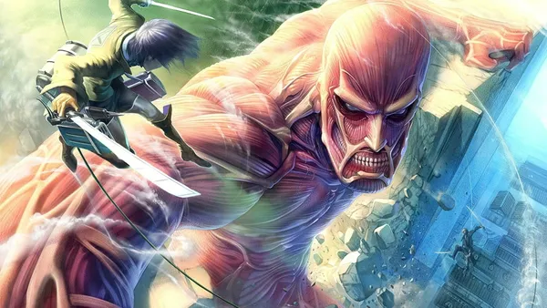 Muscular titan is being attacked by a human with a sword