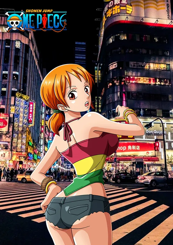 Nami from One Piece standing in a city street at night