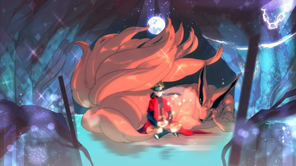Naruto Uzumaki and Kurama sitting together in a cave