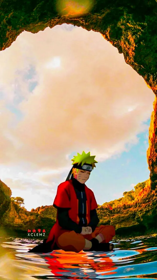 Naruto Uzumaki sitting on water in a cave with his eyes closed