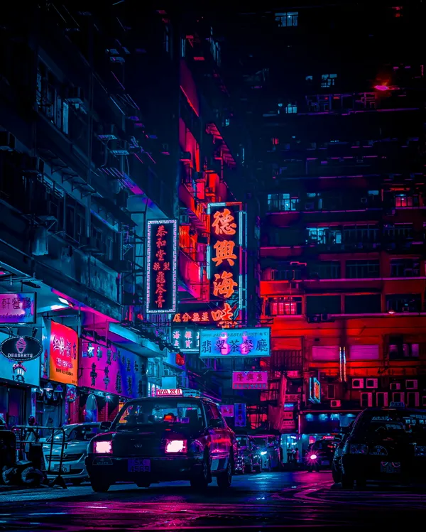 Night view of a busy street in Hong Kong