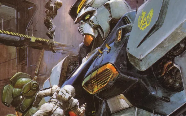 Painting of a giant robot with two men on it