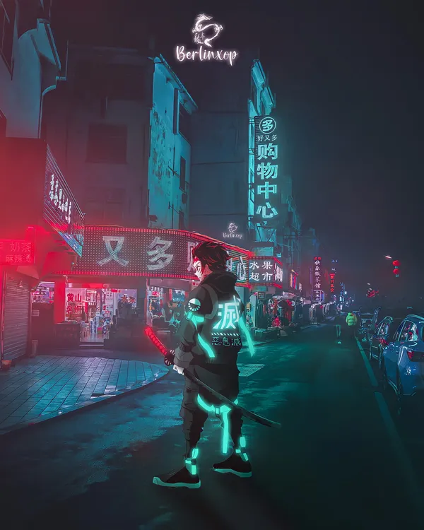 Person with a sword is standing in a street with neon lights