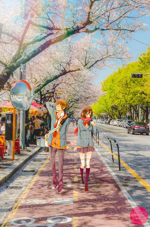 Photo of an anime couple walking down a cherry blossom-lined street