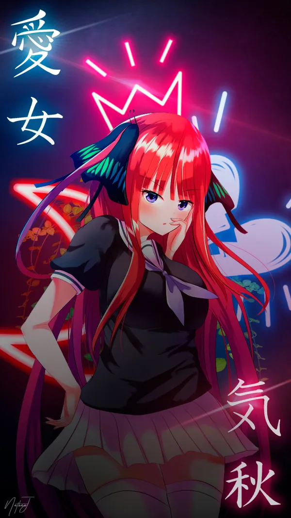 Photo of an anime girl with long red hair and black clothing