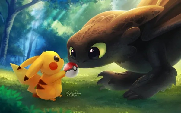 Pikachu and Toothless playing together in the forest