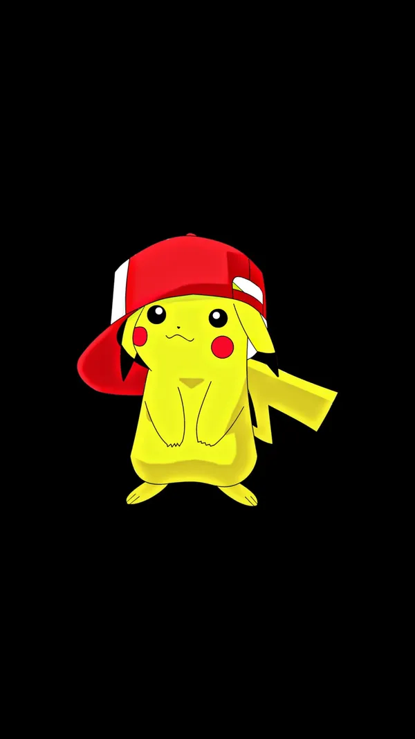 Pikachu wearing a red and white hat on a black background