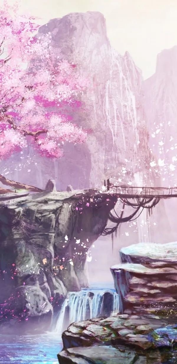 Pink cherry blossom tree by a waterfall in a rocky canyon