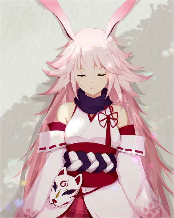 Pink-haired anime girl with bunny ears and a fox mask