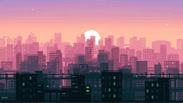 Pixelated cityscape with a pink sky and a large moon