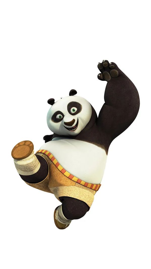 Po the panda from Kung Fu Panda is doing a high kick
