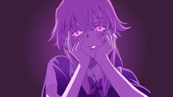 Purple anime girl with hands on face smiling