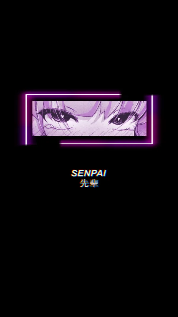 Purple eyes of an anime girl with the word Senpai below it
