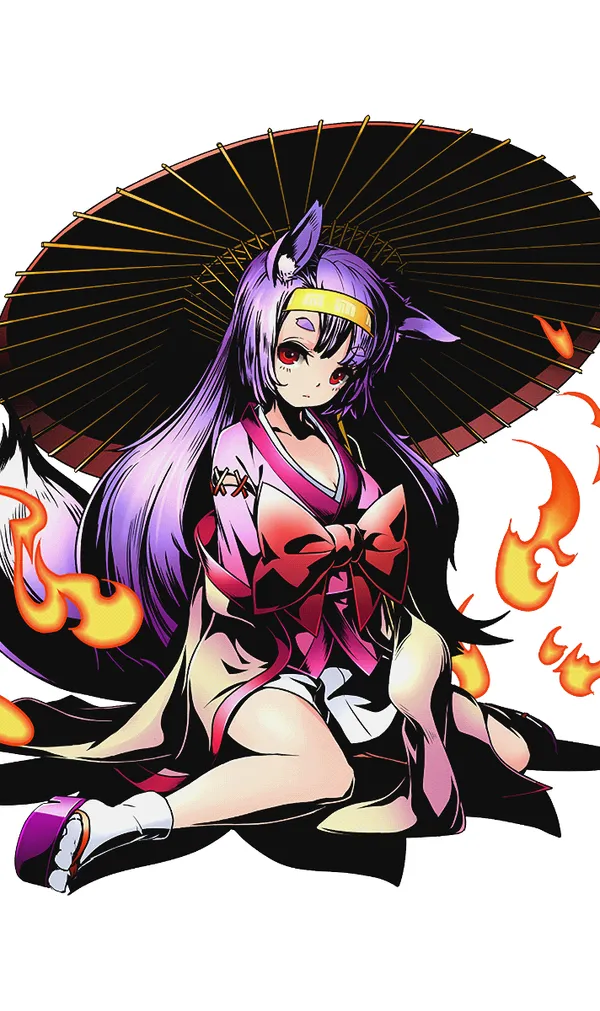 Purple haired anime girl in a kimono holding a parasol surrounded by fire