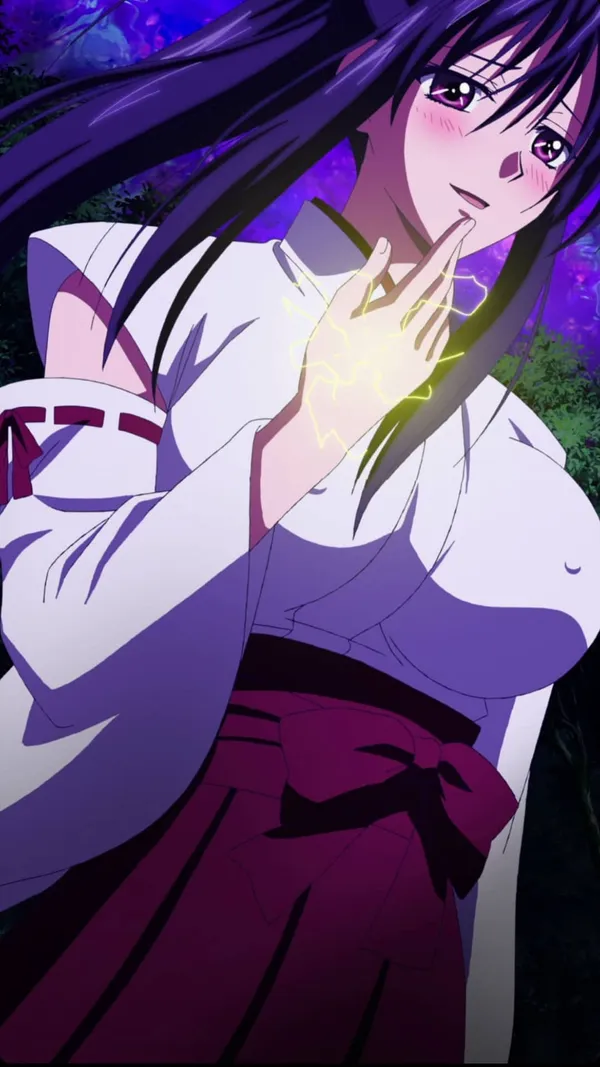Purple-haired anime girl is blushing while holding lightning