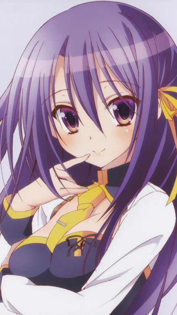 Purple-haired anime girl with purple eyes and a yellow ribbon in her hair