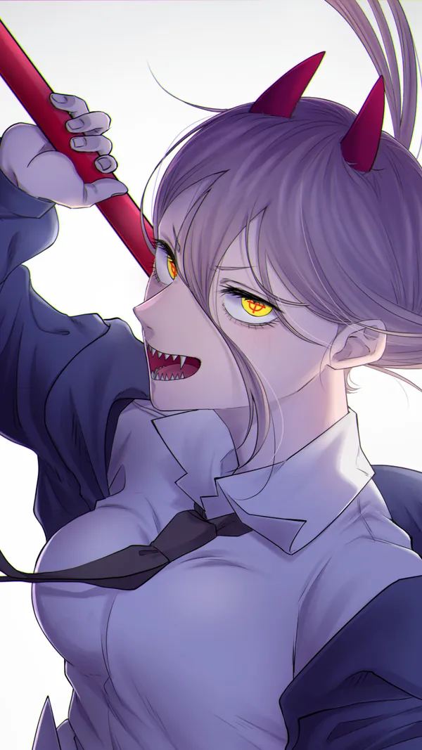Purple-haired anime girl with red horns and yellow eyes