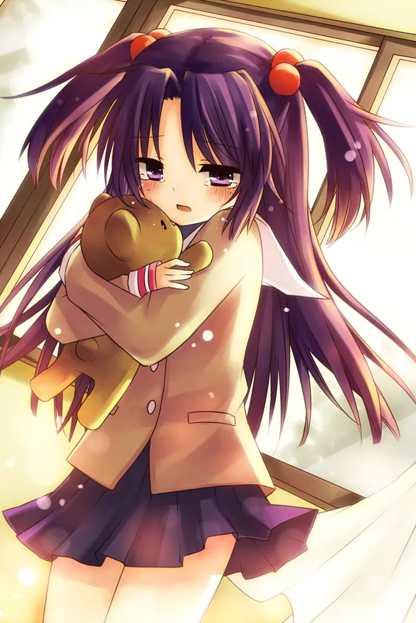 Purple-haired girl in a school uniform hugging a teddy bear