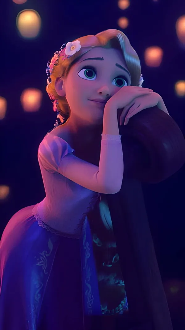 Rapunzel looking at floating lanterns with a dreamy expression on her face