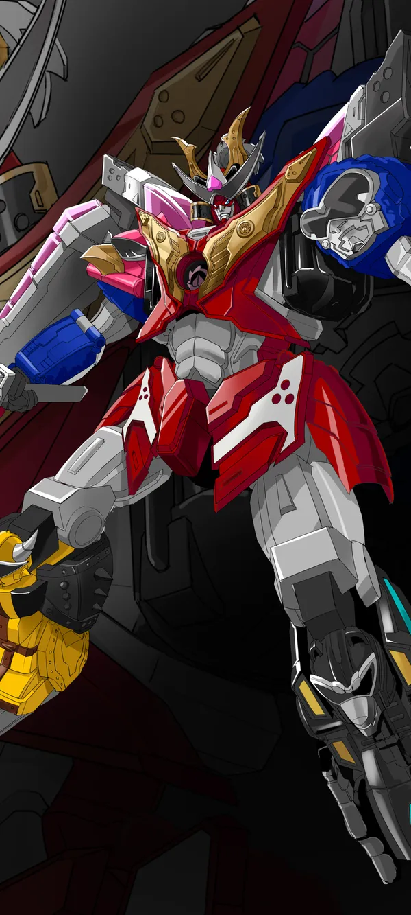 Red and yellow robot with a sword and shield