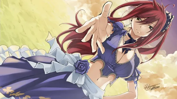 Red-haired anime girl in a purple dress reaching out