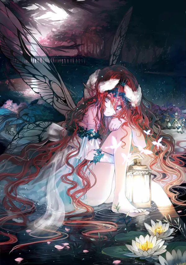 Red haired fairy sitting on lily pads in a dark pond