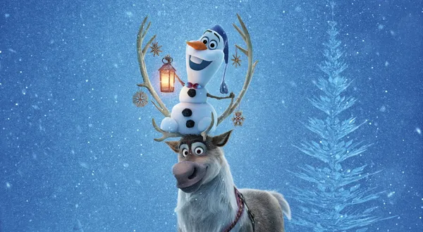 Reindeer and a snowman are in a snowy forest