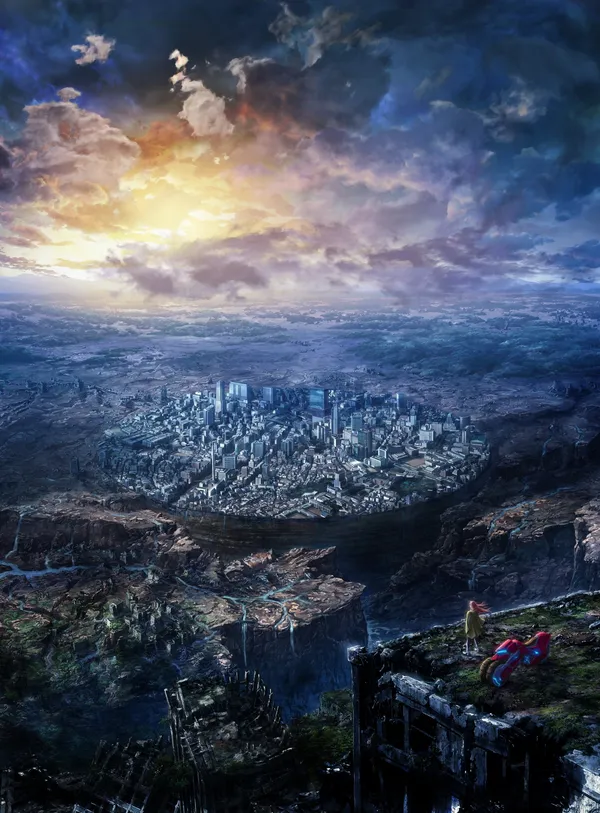 Ruined city with a giant crater and a girl on a cliff