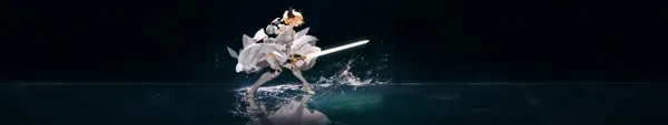 Saber Alter from the Fate series stands in the water, ready to attack
