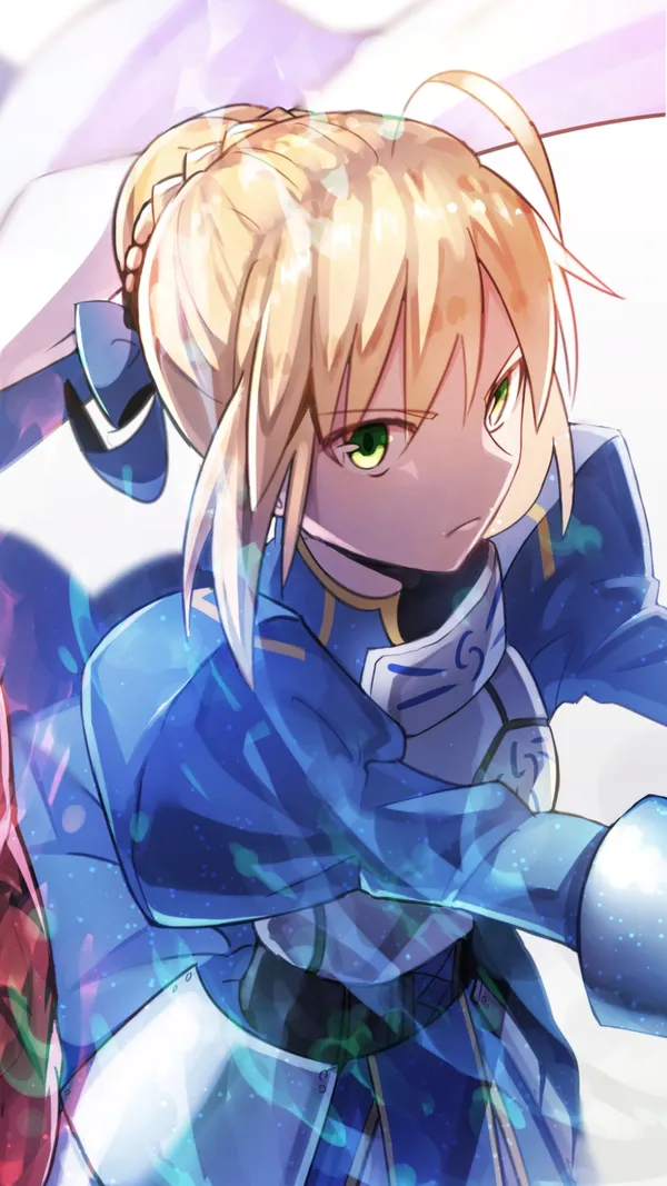 Saber from Fate/stay night is looking to her right