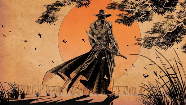 Samurai wearing a hat and long coat stands in front of a setting sun