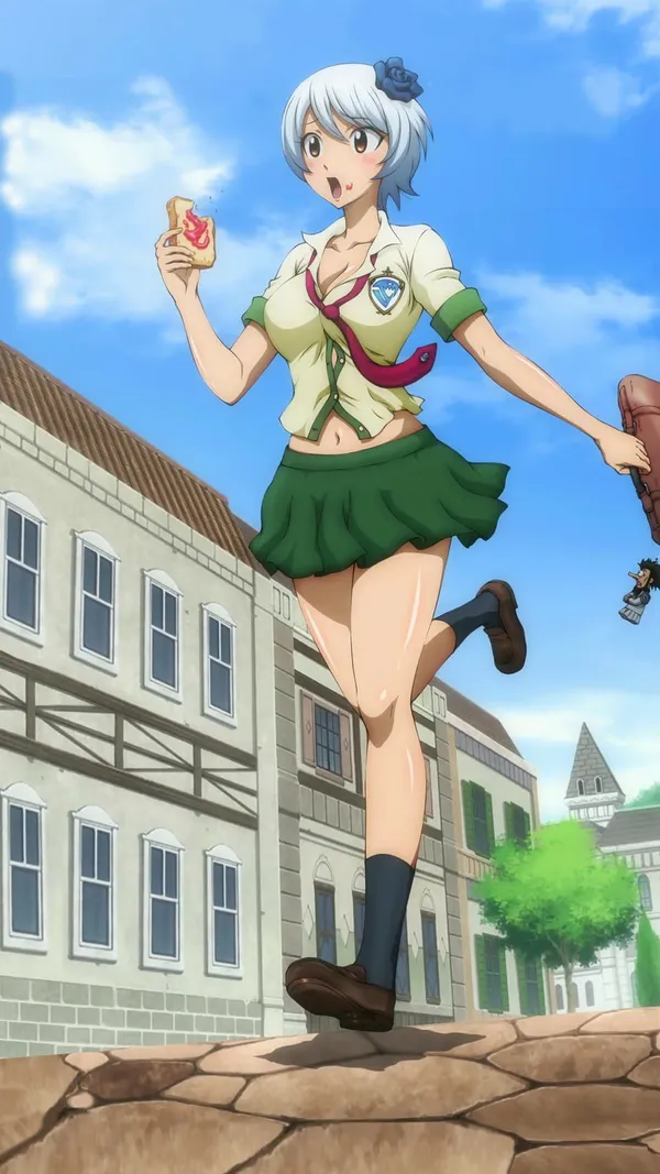 Scantily clad anime girl is running down a street