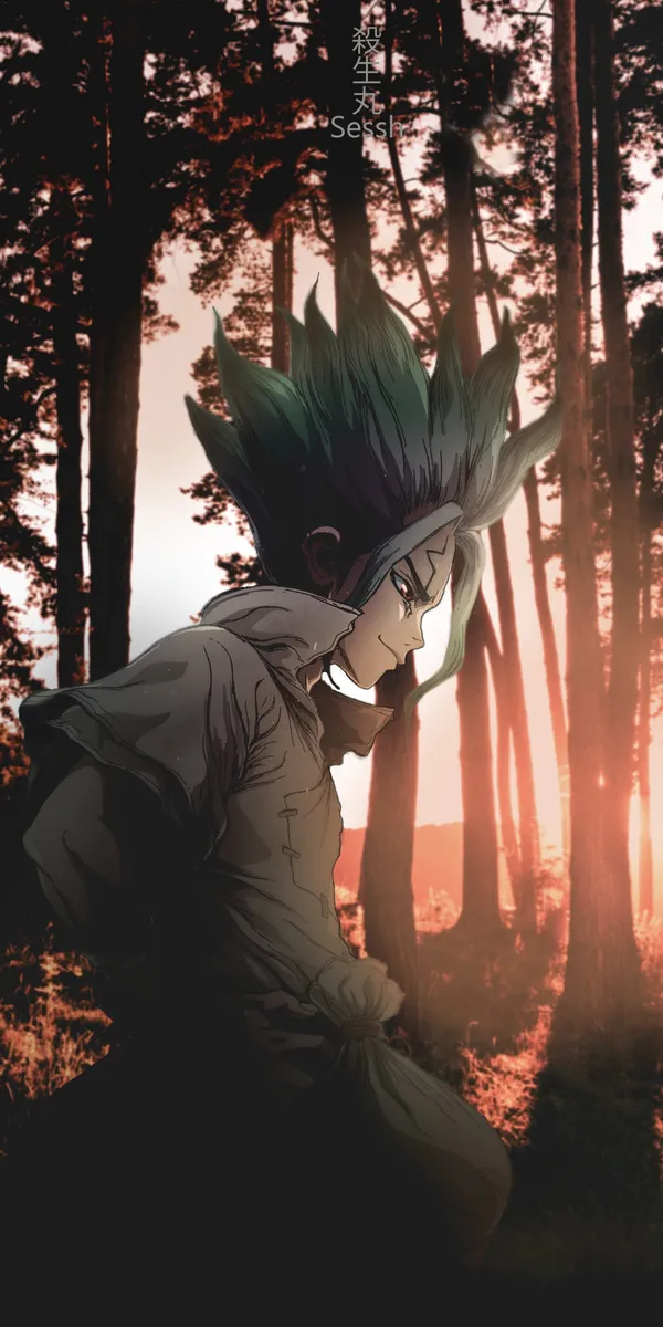 Senku Ishigami from Dr. Stone standing in a forest
