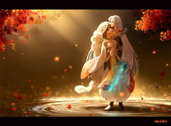 Sesshomaru and Rin standing near a body of water