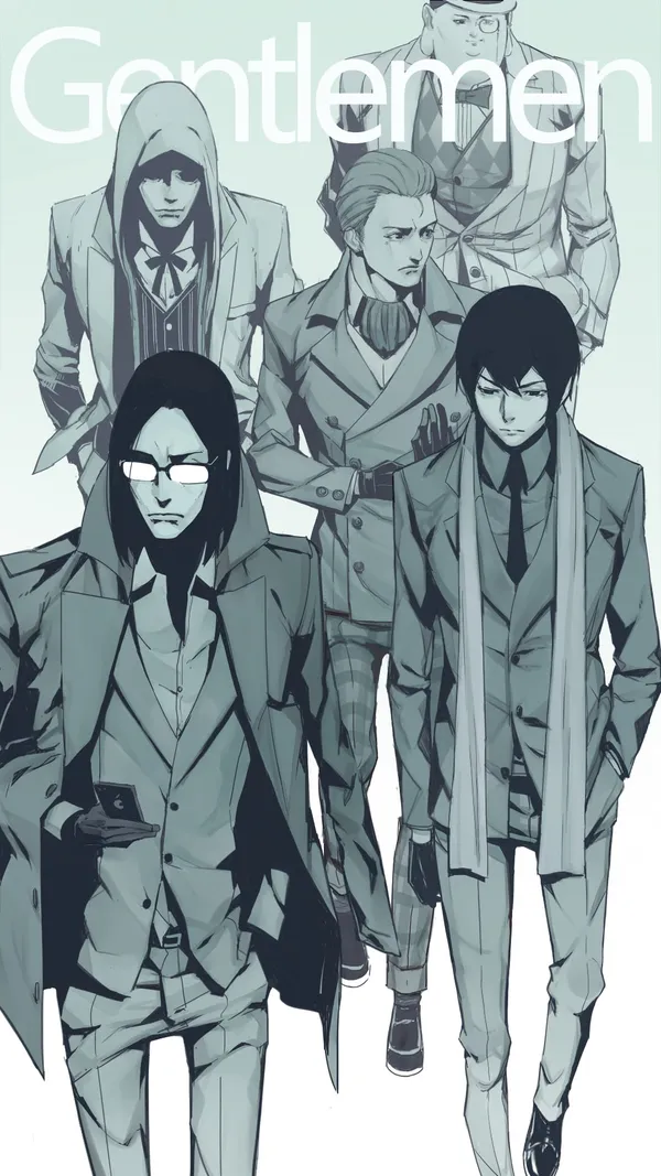 Several men in suits of various styles are walking together