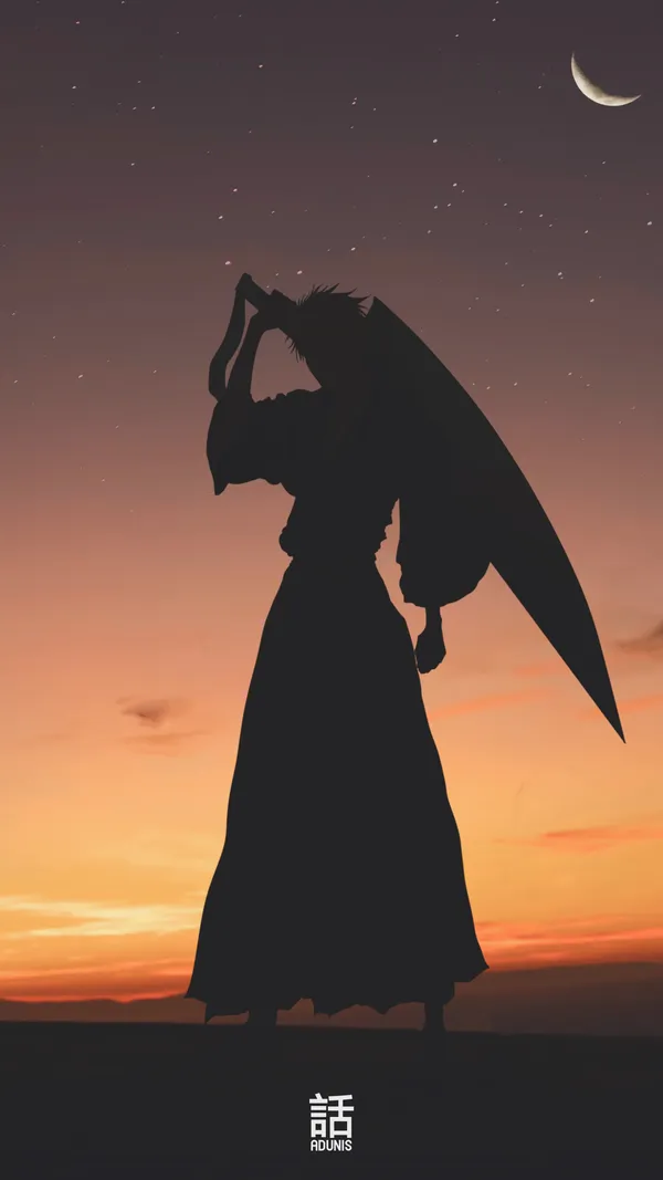 Silhouette of a person holding a large sword in front of a moonlit sky