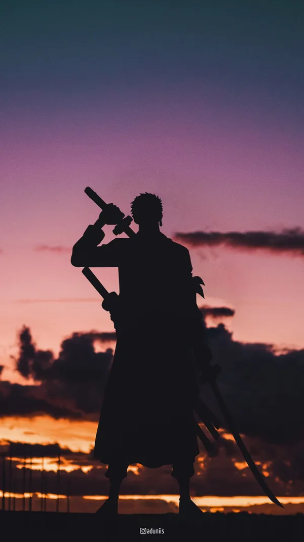 Silhouette of Roronoa Zoro from One Piece with two swords at sunset