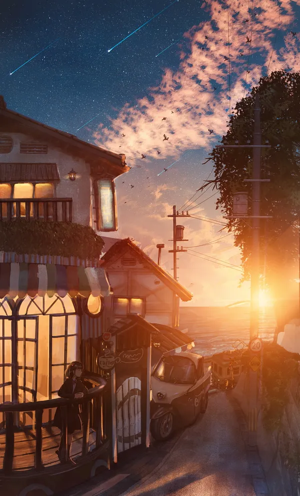 Small seaside town at sunset with a starry sky and a shooting star