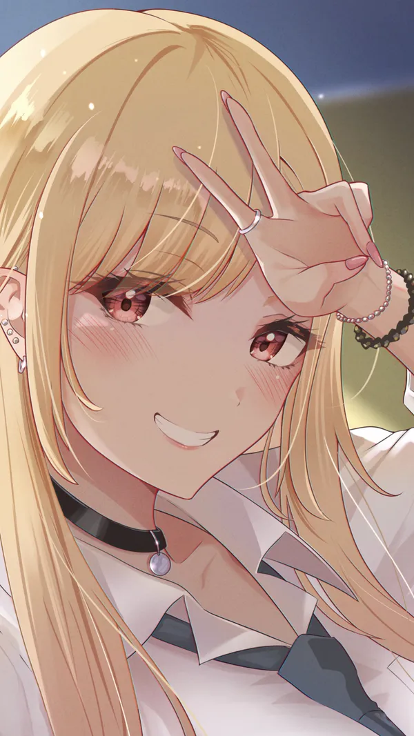 Smiling anime girl with long blond hair and red eyes