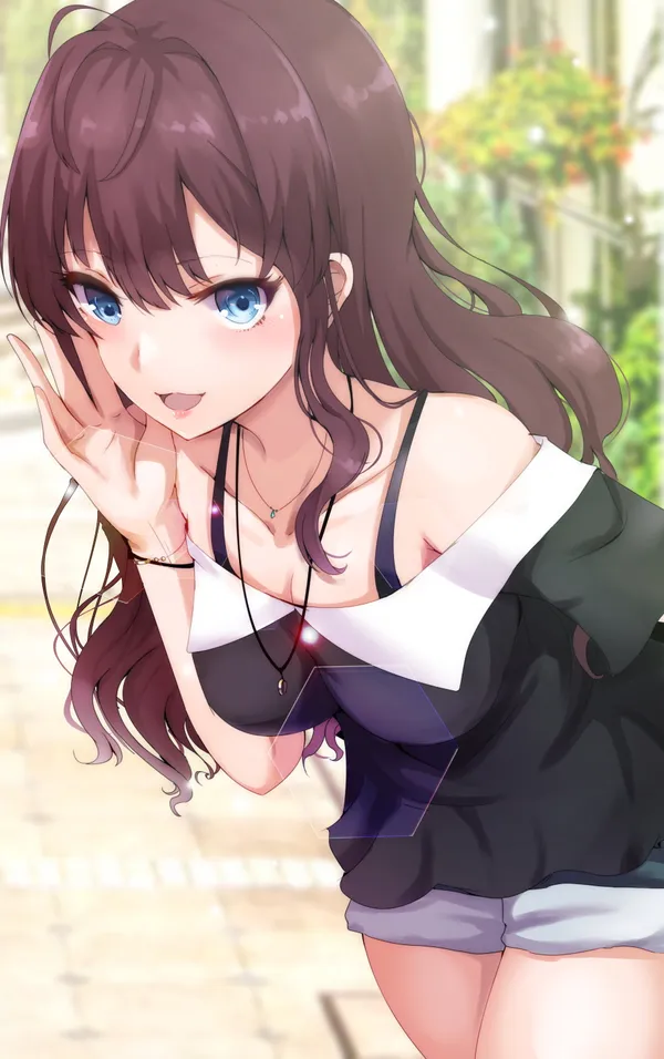 Smiling anime girl with long brown hair and blue eyes is leaning towards the viewer